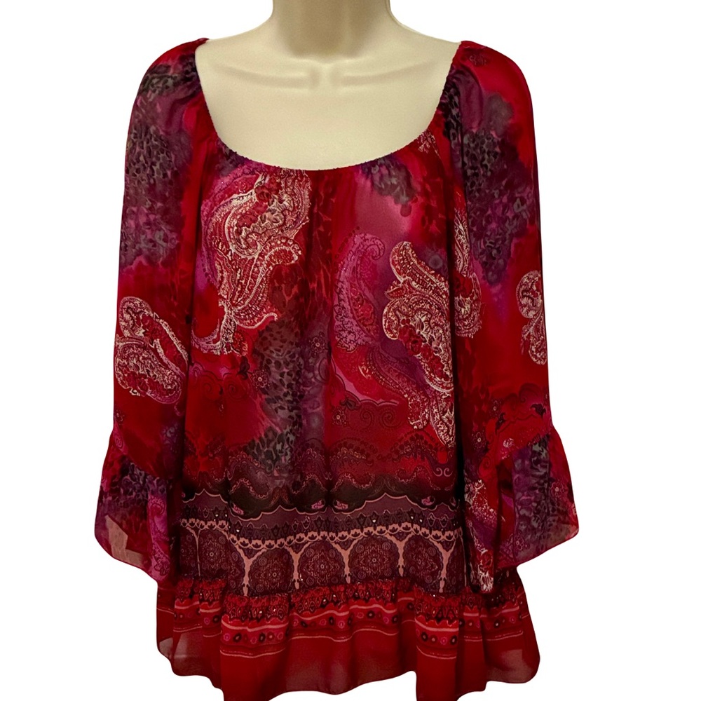 NY Collection Red and Purple Paisley Sheer Blouse